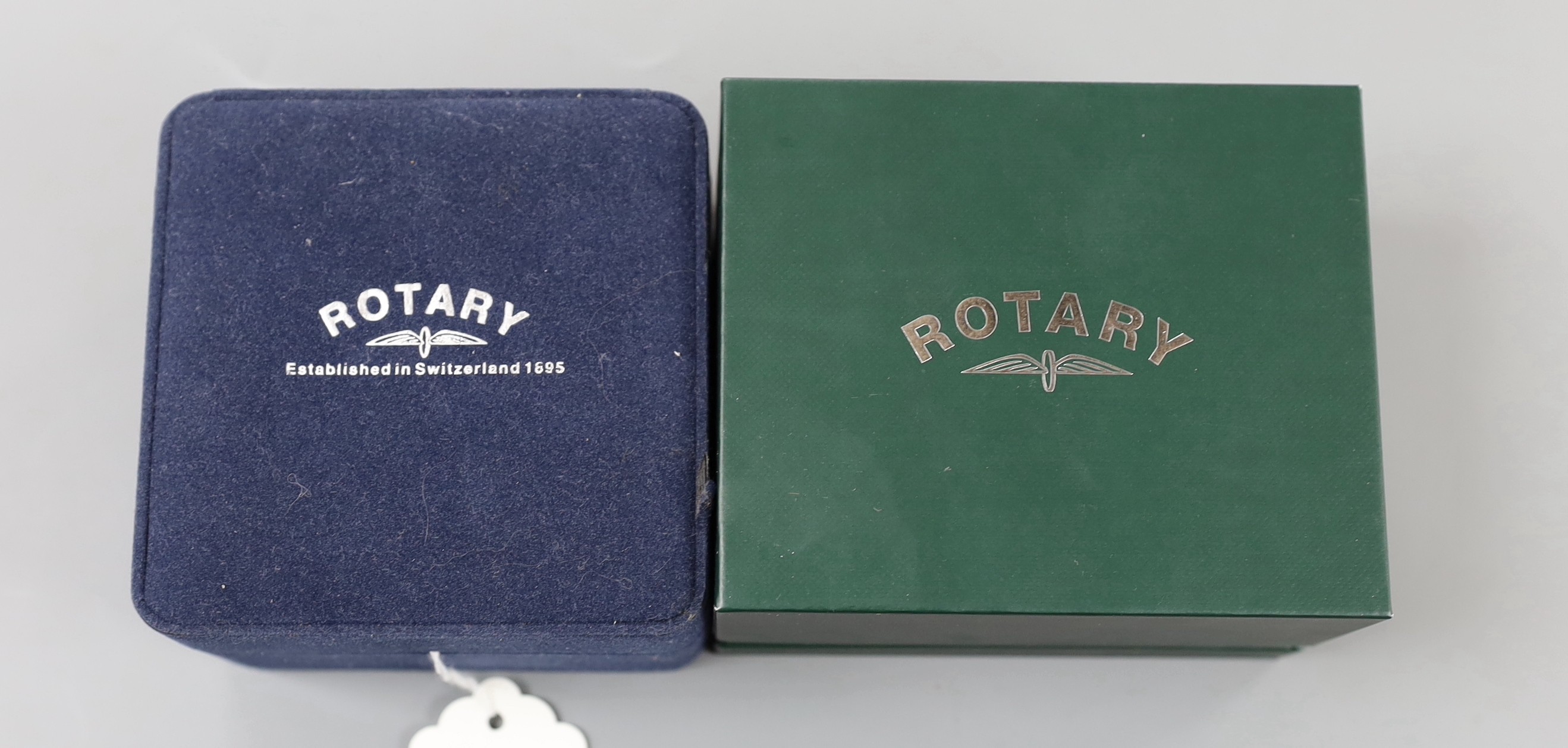Two gentleman's modern stainless steel Rotary quartz wrist watches, model GMT and Chronospeed, both with boxes.